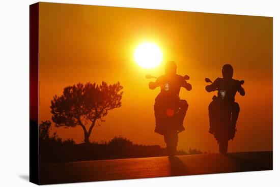 Motorcycles, Funbikes, Husquarna Nuda 900R and Ktm 990 Smc, Back Light, Sundown, Country Road-Fact-Stretched Canvas