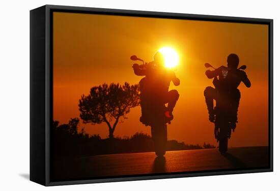 Motorcycles, Funbikes, Husquarna Nuda 900R and Ktm 990 Smc, Back Light, Sundown-Fact-Framed Stretched Canvas