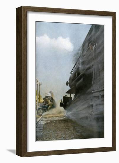 Motorcyclist narrowly Escapes Crossing Between Two Locomotives, Early 1900s-null-Framed Giclee Print