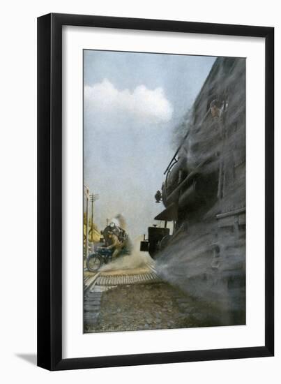 Motorcyclist narrowly Escapes Crossing Between Two Locomotives, Early 1900s-null-Framed Giclee Print