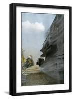 Motorcyclist narrowly Escapes Crossing Between Two Locomotives, Early 1900s-null-Framed Giclee Print