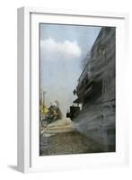 Motorcyclist narrowly Escapes Crossing Between Two Locomotives, Early 1900s-null-Framed Giclee Print