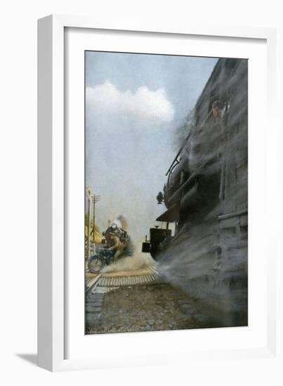 Motorcyclist narrowly Escapes Crossing Between Two Locomotives, Early 1900s-null-Framed Giclee Print