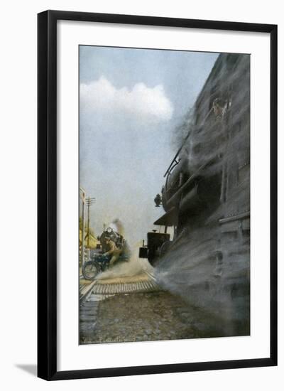 Motorcyclist narrowly Escapes Crossing Between Two Locomotives, Early 1900s-null-Framed Giclee Print