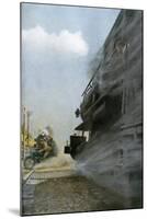 Motorcyclist narrowly Escapes Crossing Between Two Locomotives, Early 1900s-null-Mounted Giclee Print