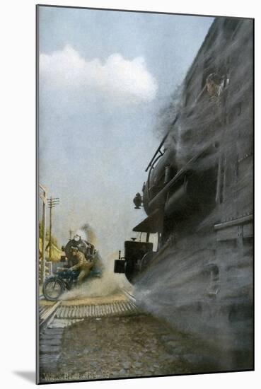 Motorcyclist narrowly Escapes Crossing Between Two Locomotives, Early 1900s-null-Mounted Giclee Print