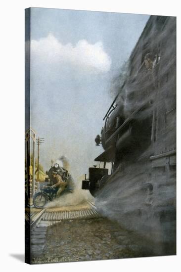 Motorcyclist narrowly Escapes Crossing Between Two Locomotives, Early 1900s-null-Stretched Canvas