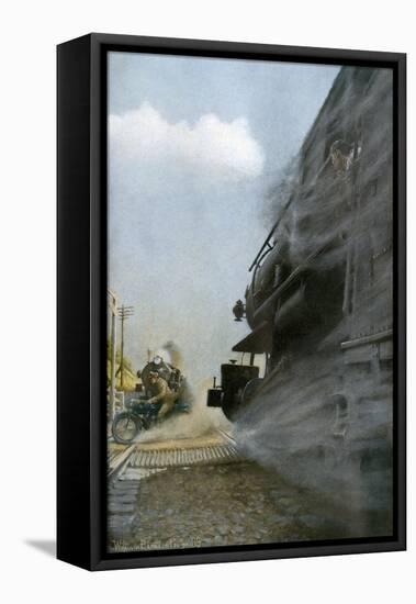 Motorcyclist narrowly Escapes Crossing Between Two Locomotives, Early 1900s-null-Framed Stretched Canvas