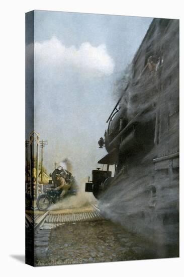 Motorcyclist narrowly Escapes Crossing Between Two Locomotives, Early 1900s-null-Stretched Canvas