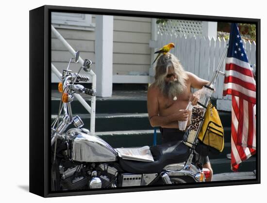 Motorcyclist with Bird on Head, Duval Street, Key West, Florida, USA-R H Productions-Framed Stretched Canvas