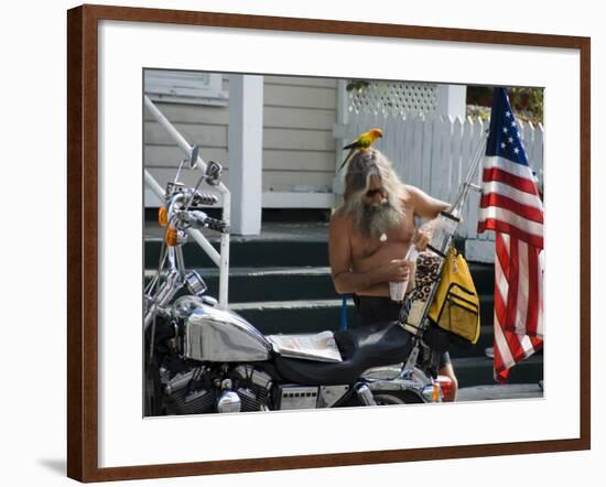 Motorcyclist with Bird on Head, Duval Street, Key West, Florida, USA-R H Productions-Framed Photographic Print