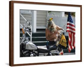 Motorcyclist with Bird on Head, Duval Street, Key West, Florida, USA-R H Productions-Framed Photographic Print