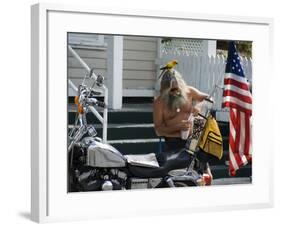 Motorcyclist with Bird on Head, Duval Street, Key West, Florida, USA-R H Productions-Framed Photographic Print