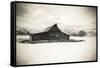 Moulton Barn and Tetons in winter, Grand Teton National Park, Wyoming, USA-Russ Bishop-Framed Stretched Canvas