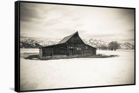 Moulton Barn and Tetons in winter, Grand Teton National Park, Wyoming, USA-Russ Bishop-Framed Stretched Canvas