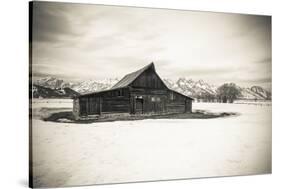 Moulton Barn and Tetons in winter, Grand Teton National Park, Wyoming, USA-Russ Bishop-Stretched Canvas