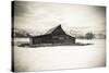 Moulton Barn and Tetons in winter, Grand Teton National Park, Wyoming, USA-Russ Bishop-Stretched Canvas