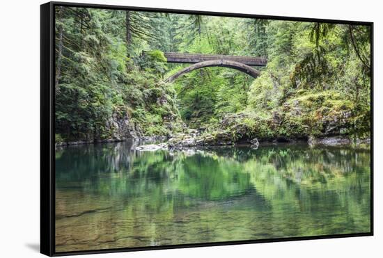 Moulton Falls Regional Park, Yacolt, WA. Moulton Falls Bridge over the East Fork Lewis River-Emily Wilson-Framed Stretched Canvas