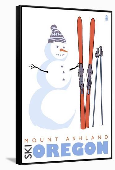 Mount Ashland, Oregon, Snowman with Skis-Lantern Press-Framed Stretched Canvas