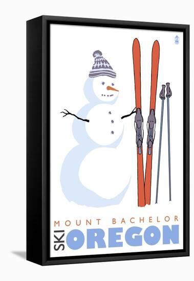 Mount Bachelor, Oregon, Snowman with Skis-Lantern Press-Framed Stretched Canvas