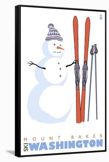 Mount Baker, Washington, Snowman with Skis-Lantern Press-Framed Stretched Canvas