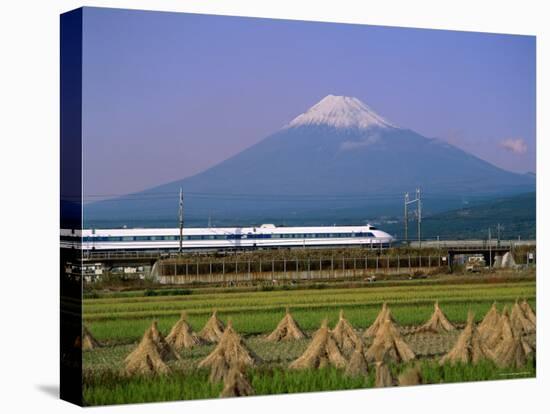 Mount Fuji, Bullet Train and Rice Fields, Fuji, Honshu, Japan-Steve Vidler-Stretched Canvas