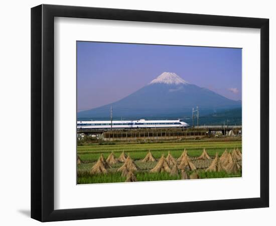 Mount Fuji, Bullet Train and Rice Fields, Fuji, Honshu, Japan-Steve Vidler-Framed Photographic Print