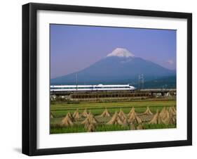 Mount Fuji, Bullet Train and Rice Fields, Fuji, Honshu, Japan-Steve Vidler-Framed Photographic Print