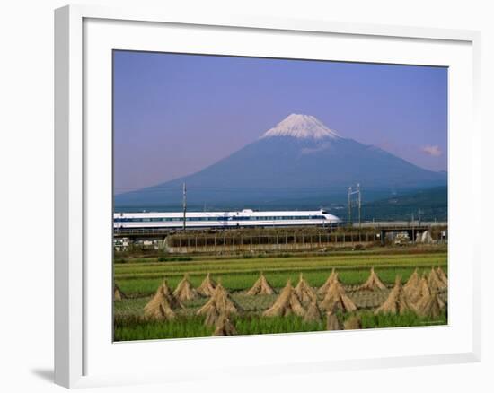 Mount Fuji, Bullet Train and Rice Fields, Fuji, Honshu, Japan-Steve Vidler-Framed Photographic Print