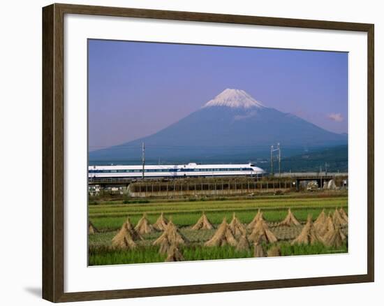 Mount Fuji, Bullet Train and Rice Fields, Fuji, Honshu, Japan-Steve Vidler-Framed Photographic Print