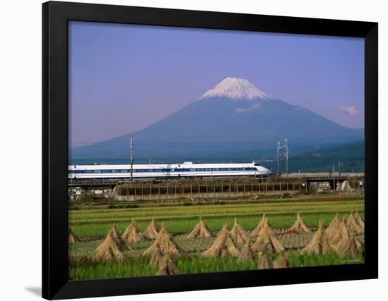 Mount Fuji, Bullet Train and Rice Fields, Fuji, Honshu, Japan-Steve Vidler-Framed Photographic Print