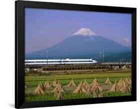 Mount Fuji, Bullet Train and Rice Fields, Fuji, Honshu, Japan-Steve Vidler-Framed Photographic Print