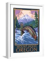 Mount Hood, Oregon - Fisherman Scene-Lantern Press-Framed Art Print