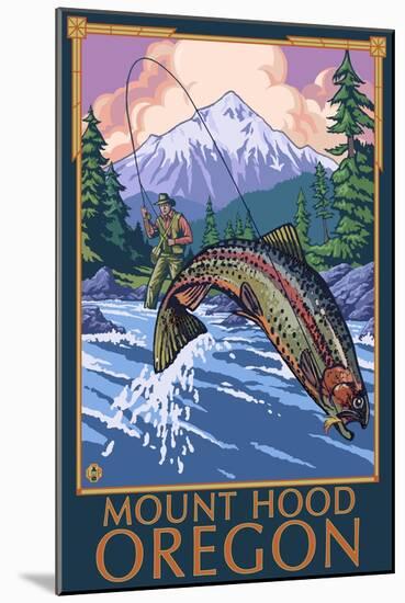Mount Hood, Oregon - Fisherman Scene-Lantern Press-Mounted Art Print