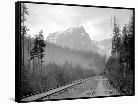 Mount Index and Great Northern Tracks at Index, 1906-Asahel Curtis-Framed Stretched Canvas