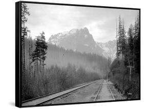 Mount Index and Great Northern Tracks at Index, 1906-Asahel Curtis-Framed Stretched Canvas