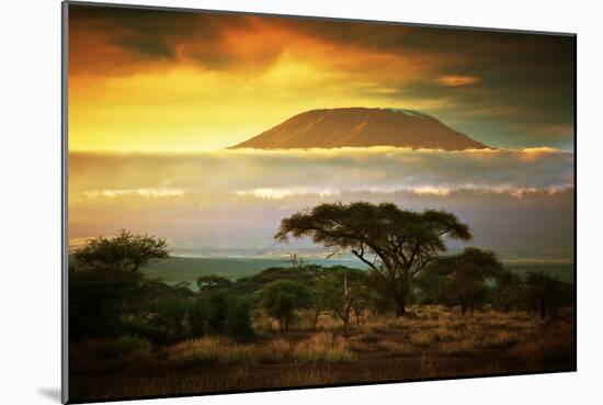 Mount Kilimanjaro and Clouds Line at Sunset, View from Savanna Landscape in Amboseli, Kenya, Africa-Michal Bednarek-Mounted Photographic Print