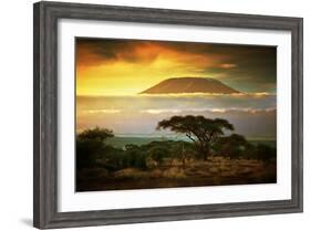 Mount Kilimanjaro and Clouds Line at Sunset, View from Savanna Landscape in Amboseli, Kenya, Africa-Michal Bednarek-Framed Photographic Print