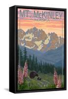 Mount McKinley, Alaska - Bear and Cubs Spring Flowers-Lantern Press-Framed Stretched Canvas