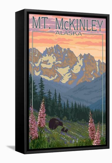 Mount McKinley, Alaska - Bear and Cubs Spring Flowers-Lantern Press-Framed Stretched Canvas