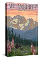 Mount McKinley, Alaska - Bear and Cubs Spring Flowers-Lantern Press-Stretched Canvas