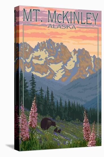 Mount McKinley, Alaska - Bear and Cubs Spring Flowers-Lantern Press-Stretched Canvas