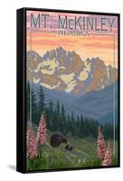 Mount McKinley, Alaska - Bear and Cubs Spring Flowers-Lantern Press-Framed Stretched Canvas