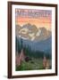 Mount McKinley, Alaska - Bear and Cubs Spring Flowers-Lantern Press-Framed Art Print