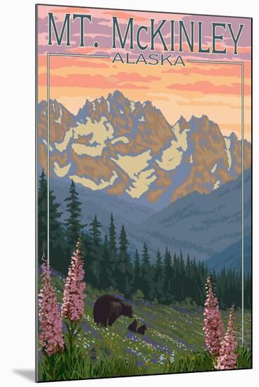 Mount McKinley, Alaska - Bear and Cubs Spring Flowers-Lantern Press-Mounted Art Print