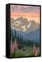 Mount McKinley, Alaska - Bear and Cubs Spring Flowers-Lantern Press-Framed Stretched Canvas