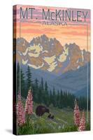 Mount McKinley, Alaska - Bear and Cubs Spring Flowers-Lantern Press-Stretched Canvas