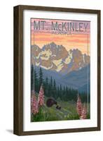 Mount McKinley, Alaska - Bear and Cubs Spring Flowers-Lantern Press-Framed Art Print