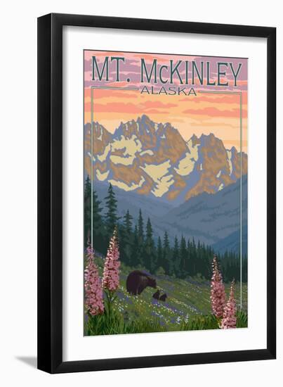 Mount McKinley, Alaska - Bear and Cubs Spring Flowers-Lantern Press-Framed Art Print