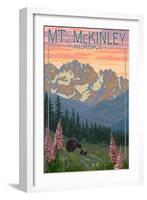 Mount McKinley, Alaska - Bear and Cubs Spring Flowers-Lantern Press-Framed Art Print